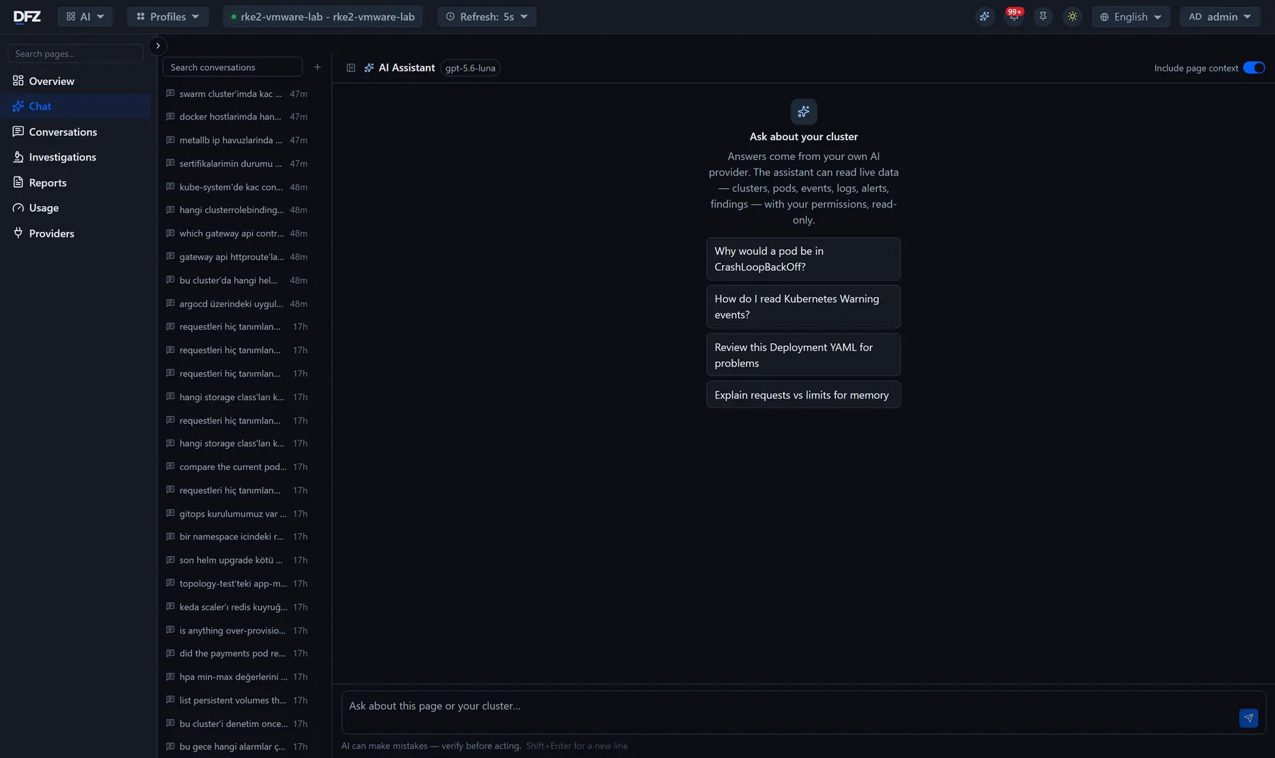 AI assistant panel with conversation history and suggested questions