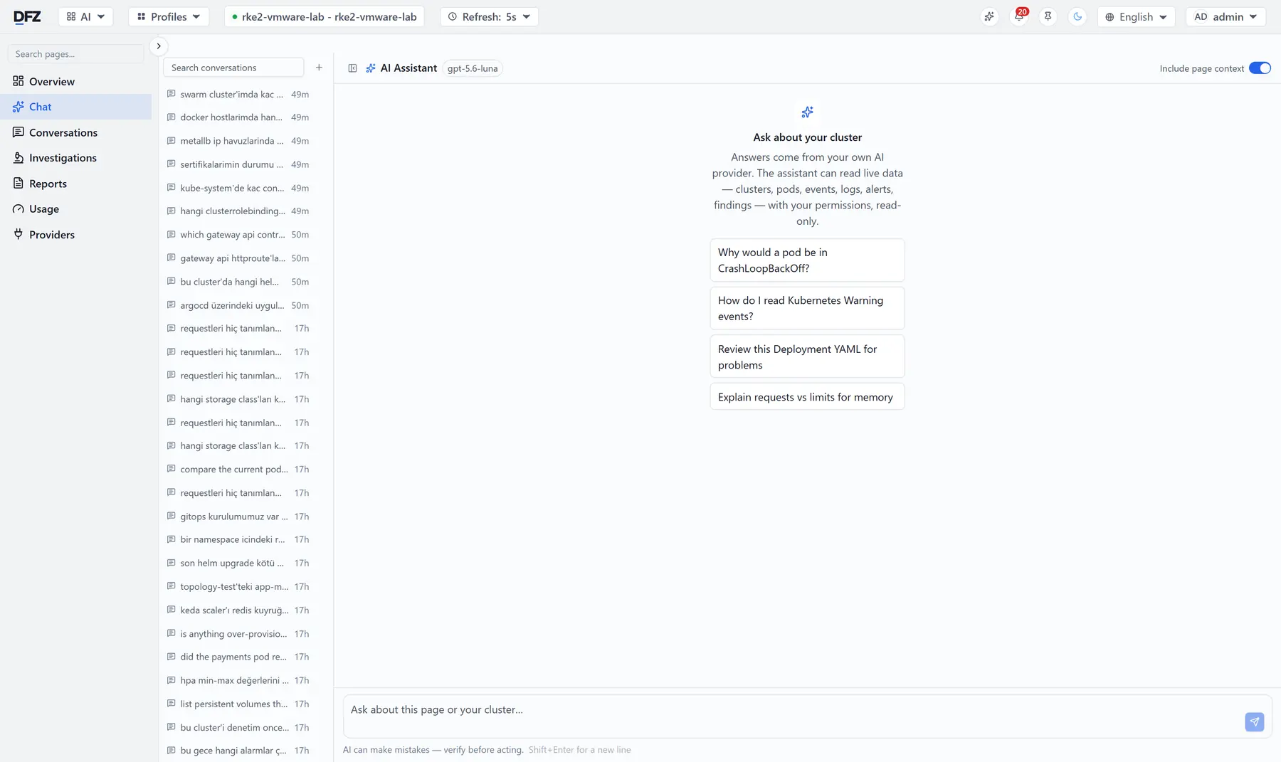 AI assistant panel with conversation history and suggested questions