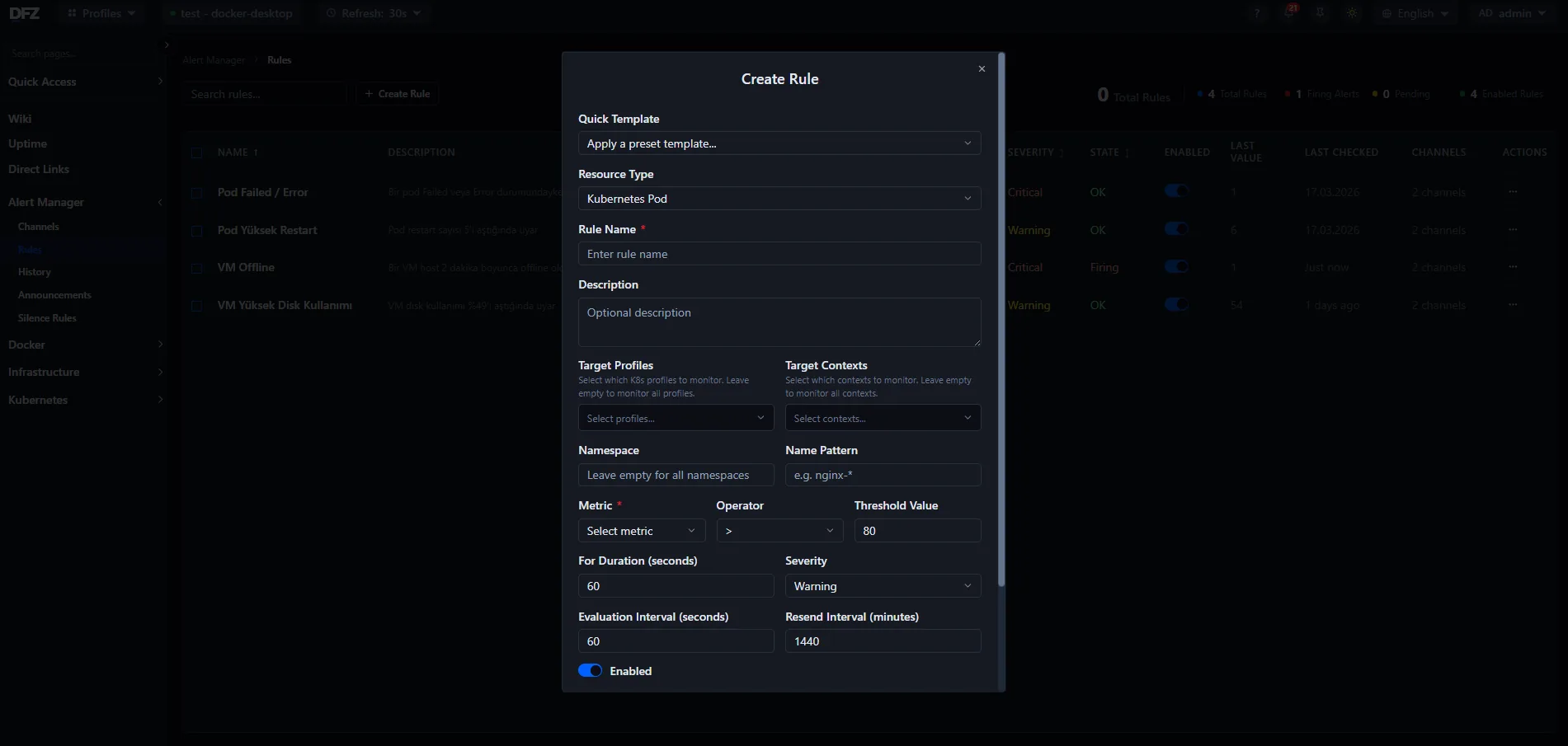 DFZ Alert Manager rule creation form
