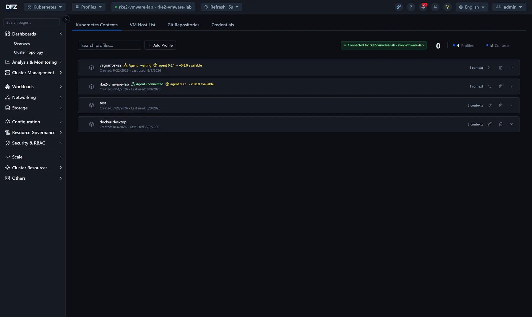 Connection hub listing Kubernetes profiles with agent state and context counts
