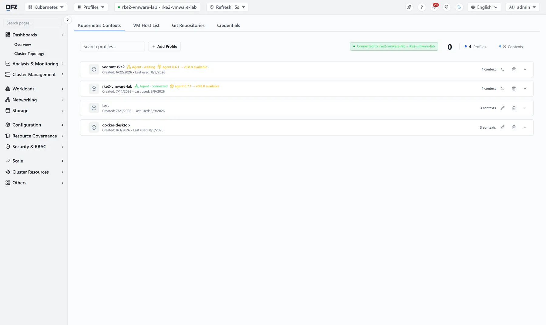 Connection hub listing Kubernetes profiles with agent state and context counts