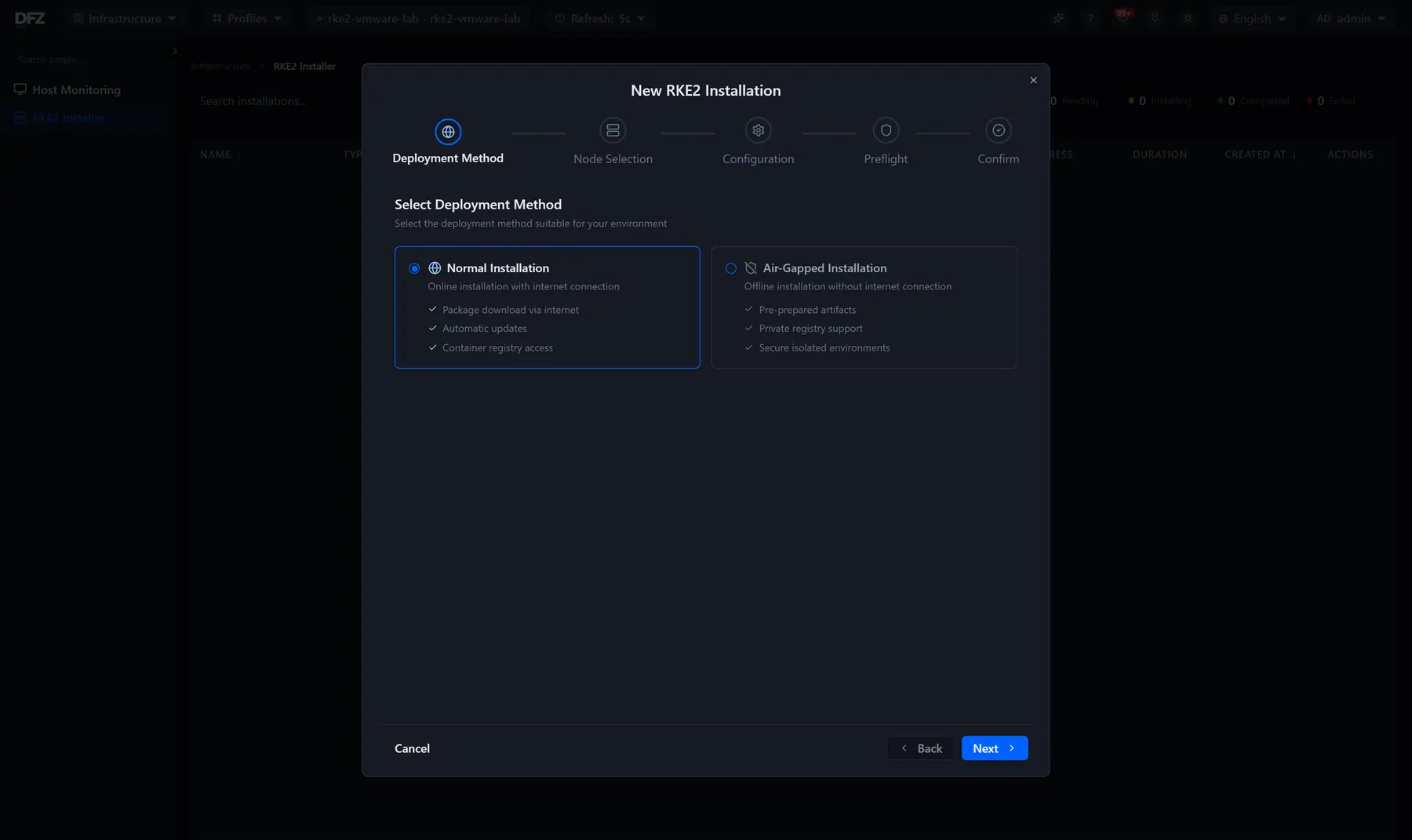 RKE2 install wizard: choosing between a normal and an air-gapped install