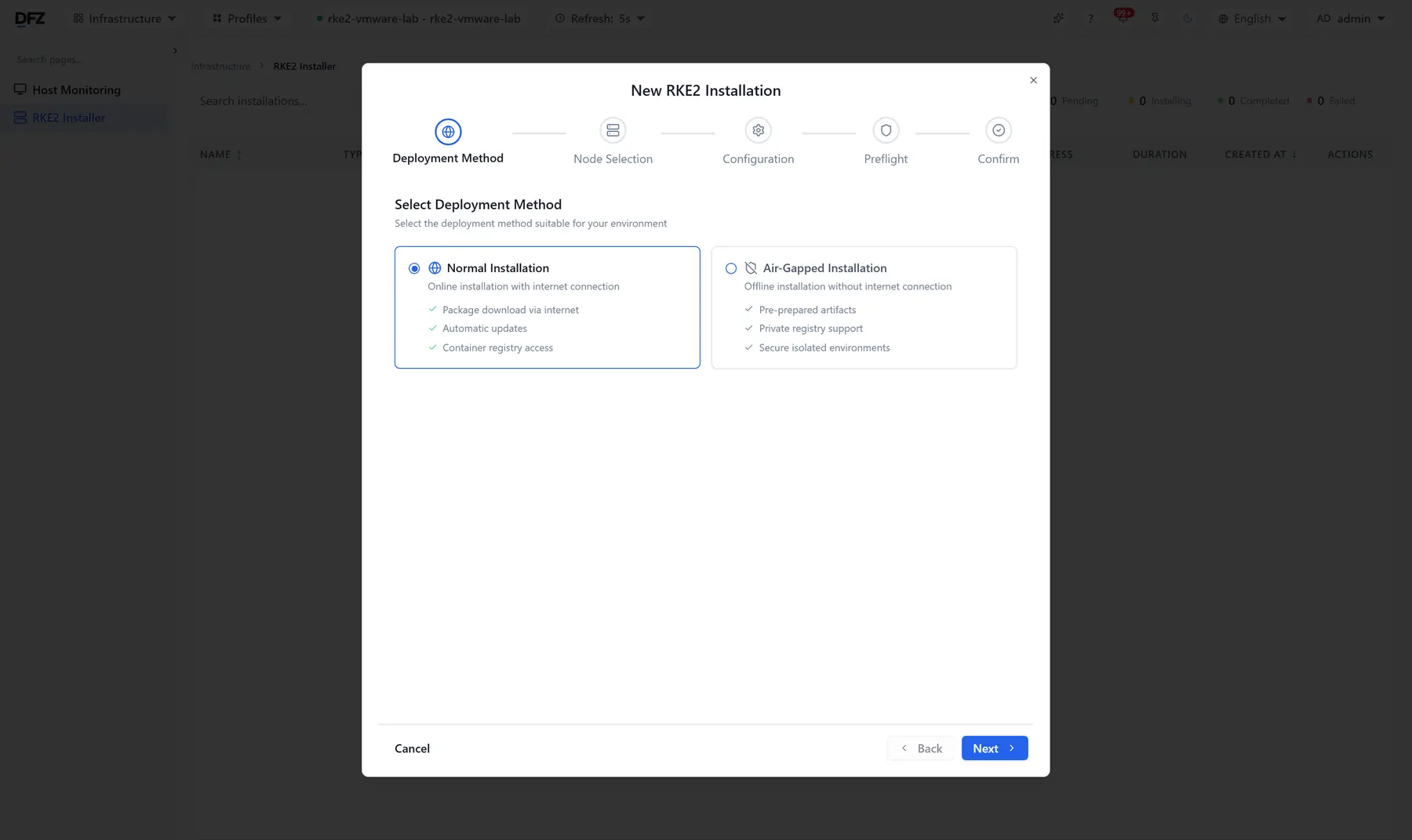 RKE2 install wizard: choosing between a normal and an air-gapped install
