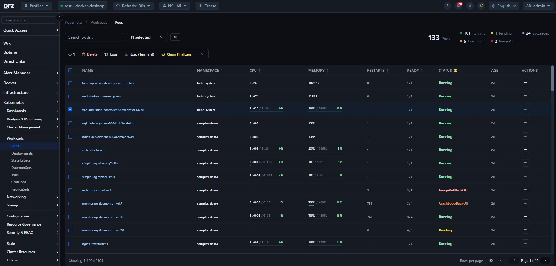 DFZ Pods management table with bulk action toolbar