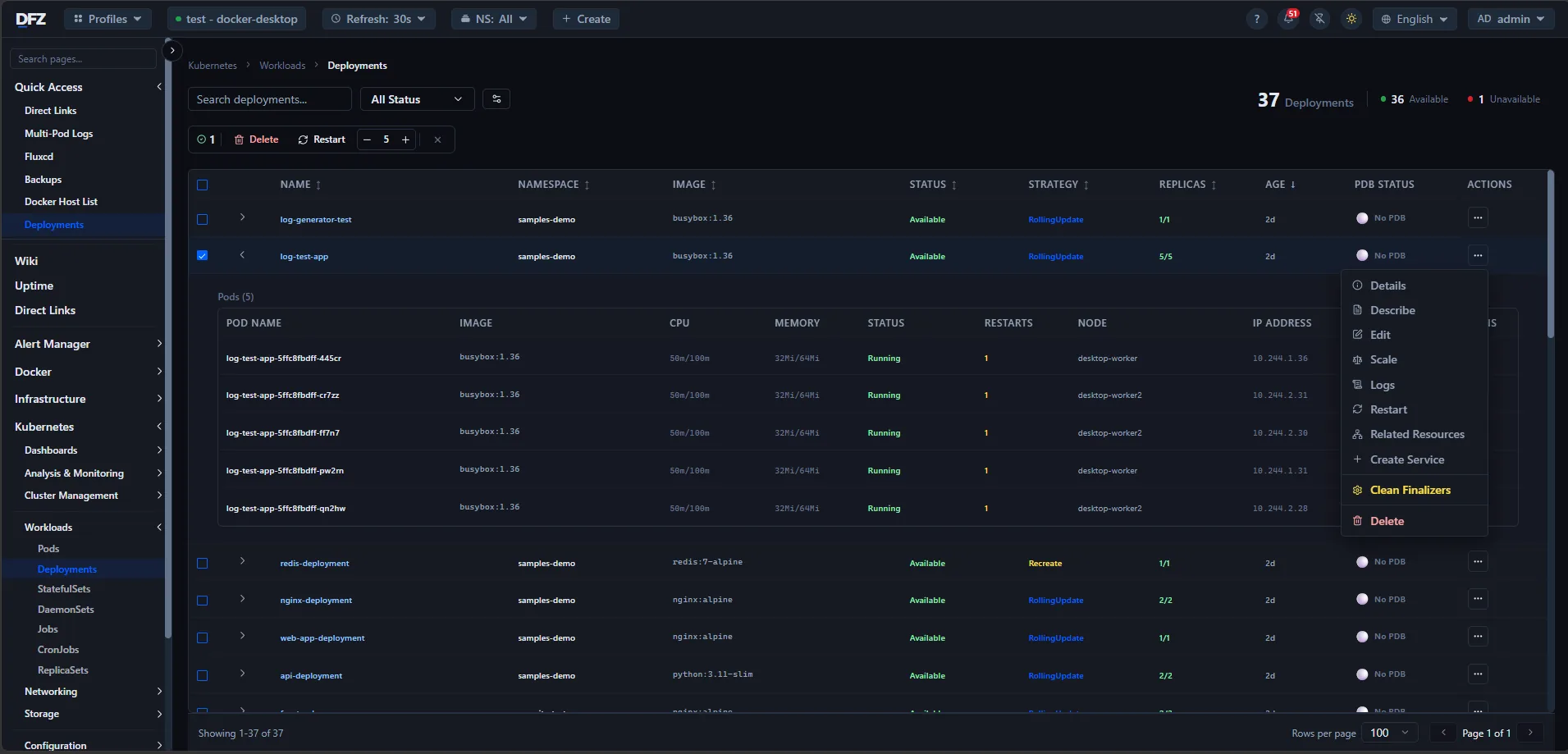 DFZ Deployments table with row actions menu